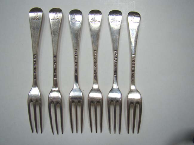 A matched set of Six Antique English Silver three-prong Dessert Forks circa 1748-1764